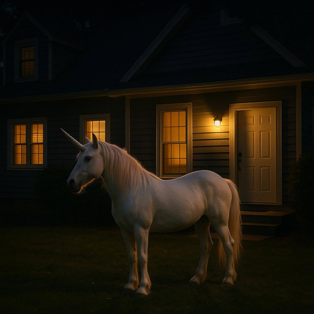 Illustrated unicorn outside a home at night